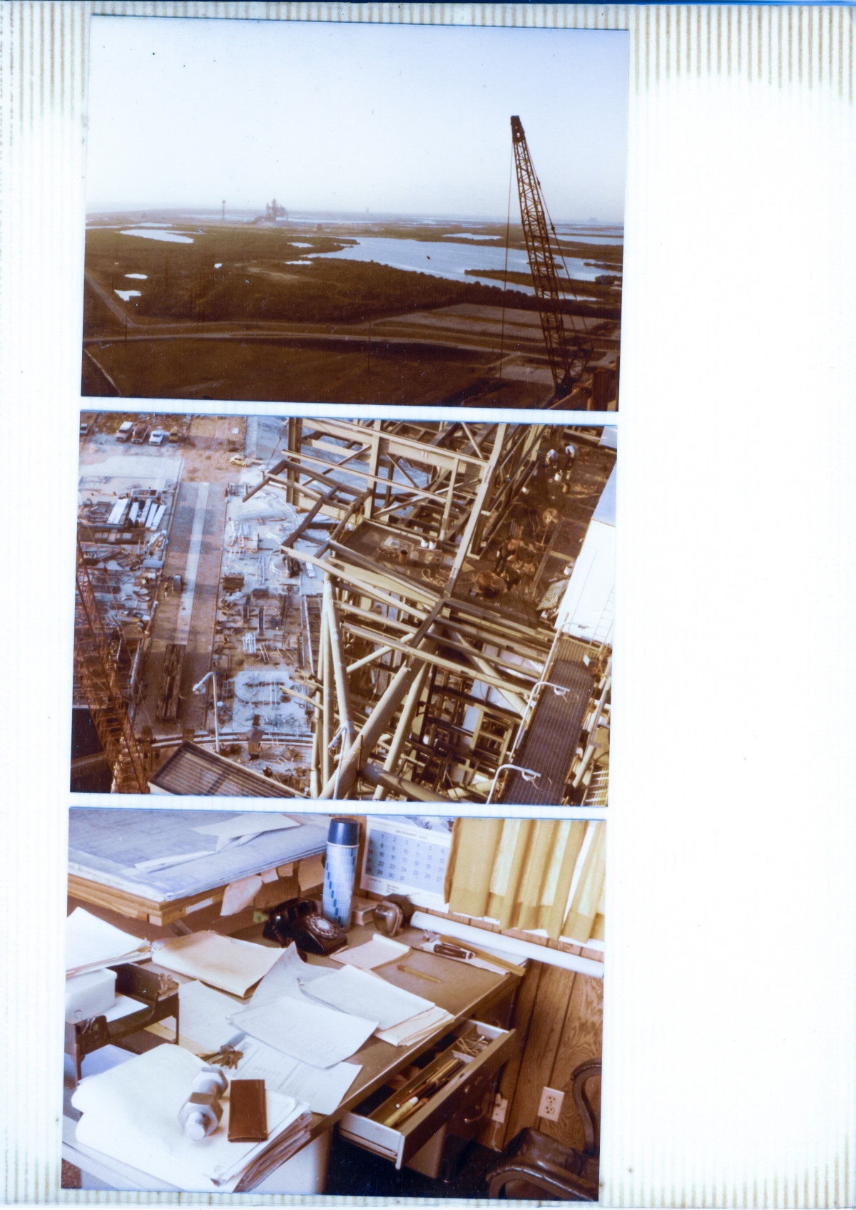 Top: Space Shuttle Columbia, rolled out to Launch Complex 39-A, Kennedy Space Center, Florida, prior to its second mission, STS-2, as viewed from near the top of the Fixed Service Structure on Launch Complex 39-B. Middle: Union Ironworkers from Local 808, assemble the growing steel structure of the Rotating Service Structure at Pad B, high above the crawlerway, some of which is visible surrounded by delivered steel elements on the ground around it, waiting to be added to the growing structure. Bottom: James MacLaren’s desk in the Sheffield Steel field trailer, December 1980.